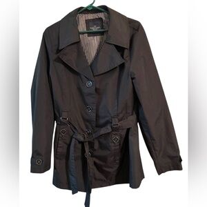 Trench Coat Sz L (12/14) Black Belted EUC Button Down, Collared, Pockets, Lined